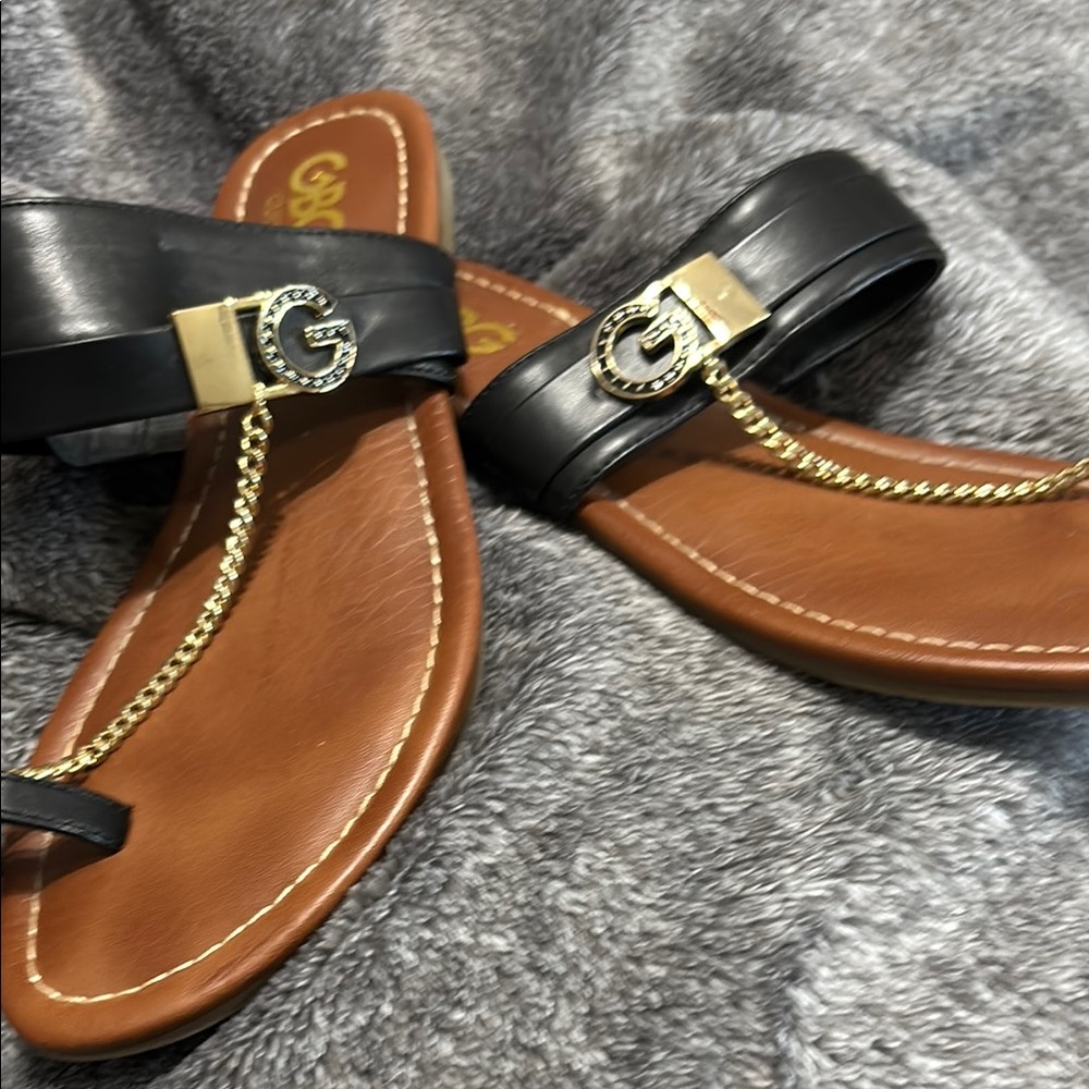 G by Guess Black and Brown Leather Sandals with Gold Buckle